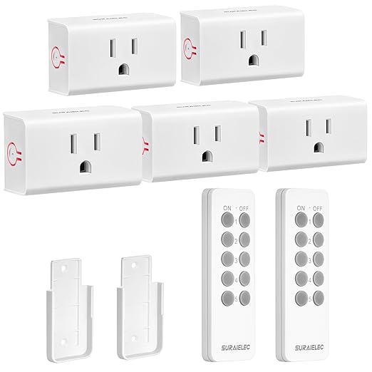 SURAIELEC Remote Control Outlet, Wireless Light Switch - 5 Outlets + 2 Remotes, 15 AMP, 100FT Range, No Interference, Remote Light Switch Kit for Lamp, Fan, Christmas Tree Light, Household Appliance