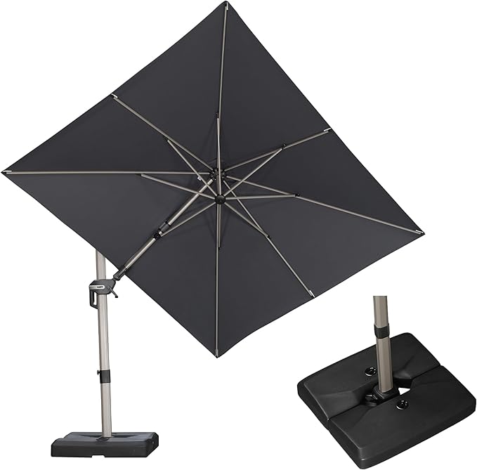 PURPLE LEAF 8' X 10' Left-right Tilting Patio Umbrella with Base Outdoor Swivel Cantilever Offset Aluminum Umbrella with Champagne Frame and 360-degree Rotation for Garden Deck Pool, Grey