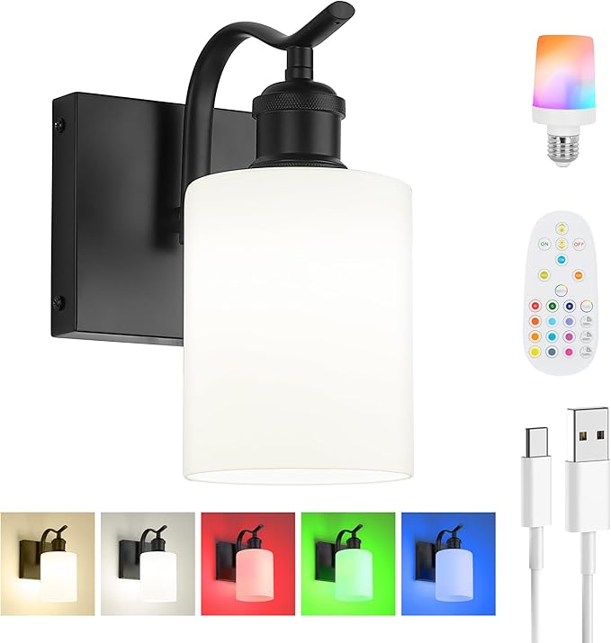 1-Light Bathroom Wall Sconce, Matte Black Modern Wall Light Fixture with Frosted Glass Shade RGB Bulb, RGB 12 Colors Modes Rechargeable Wall lamp for Bedroom Living Room, ZCVL01BK-1B
