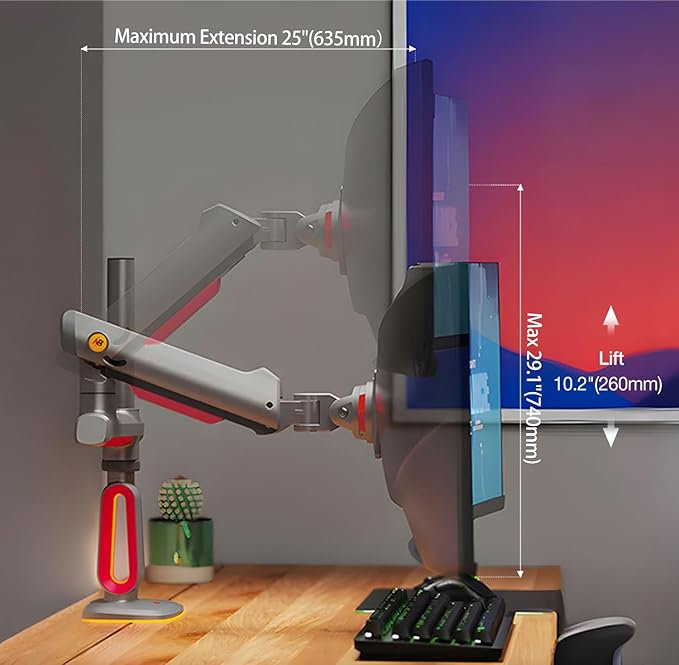 NB Extra Height Gaming Monitor Arm for 32 to 60 Inches Screen, Load up to 20 kg, VESA 75/100, RGB-Light, Heavy Duty, Multi Angle Adjustable, Premium Aluminum, Long Arm Extension Red