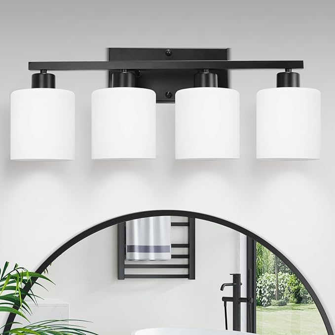 CANMEIJIA 4-Light Bathroom Vanity Light Fixtures, Matte Black Vanity Wall Scones Lighting for Bedroom Living Room, Modern Vanity Lights with Milky White Glass Shades, E26 Socket, Bulbs Not Included