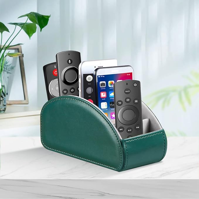 Remote Control Holder, Leather 5 Rooms Desk Organizer and Decorations for Living Room, Bedside Storage Remotes Caddy for TV Controllers/ Makeup Brush Pen/ Office Stationery/ Art Supplies/ Eyeglasses