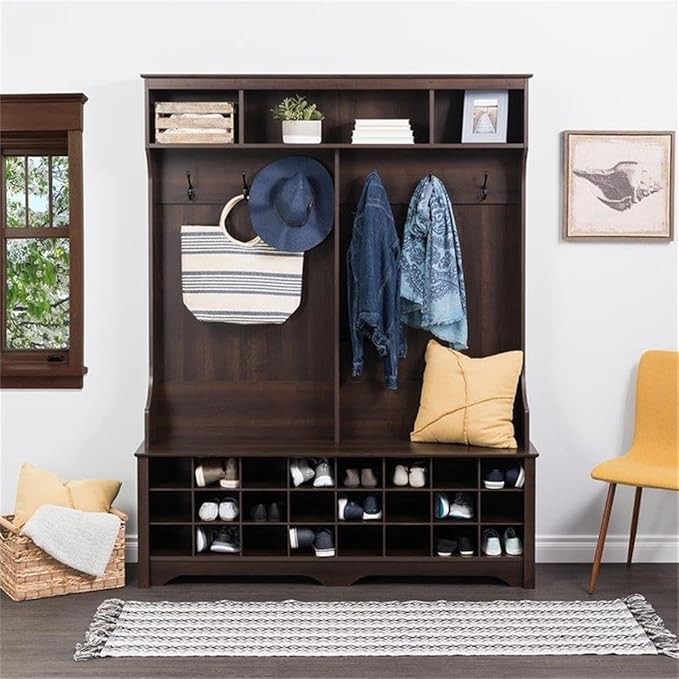 Prepac Brown Hall Tree, Shoe Cabinet, Storage Cabinet with 24 Shoe Cubbies and 6 Double Coat Hooks 15.5" D x 60" W x 77" H