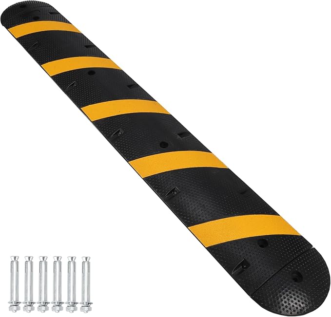 Heavy Duty Speed Bumps for Driveway, 84" Rubber Speed Bumps, 1 Pack 2 Channel Modular Traffic Speed Bump Hump Cable Protector Ramps for Asphalt Concrete Gravel Driveway Road with 2 End Caps, 6 Spikes