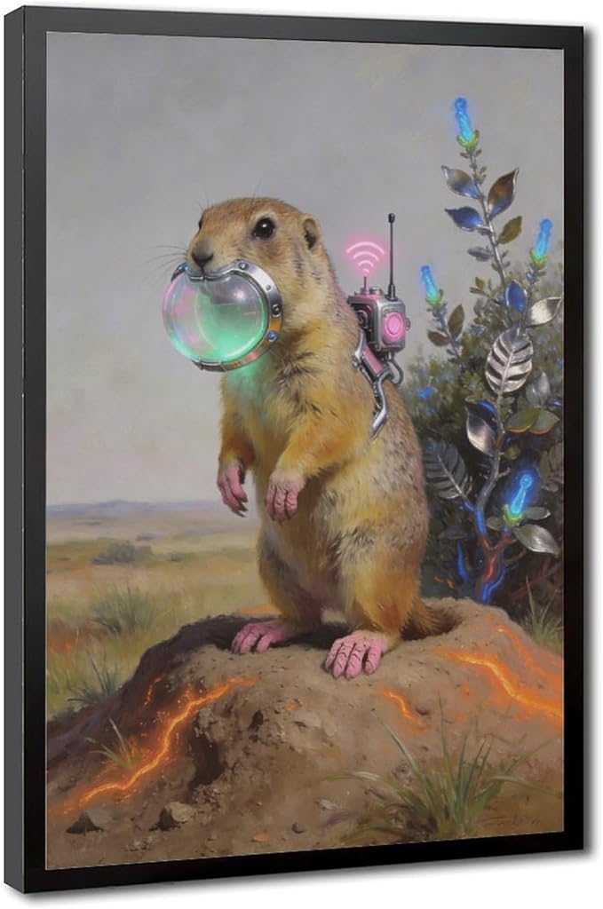 Framed Steampunk Mechanical Prairie Dog Wall Art - Retro-Futuristic Wilderness Poster for Living Room Game Room Decor 08x12in