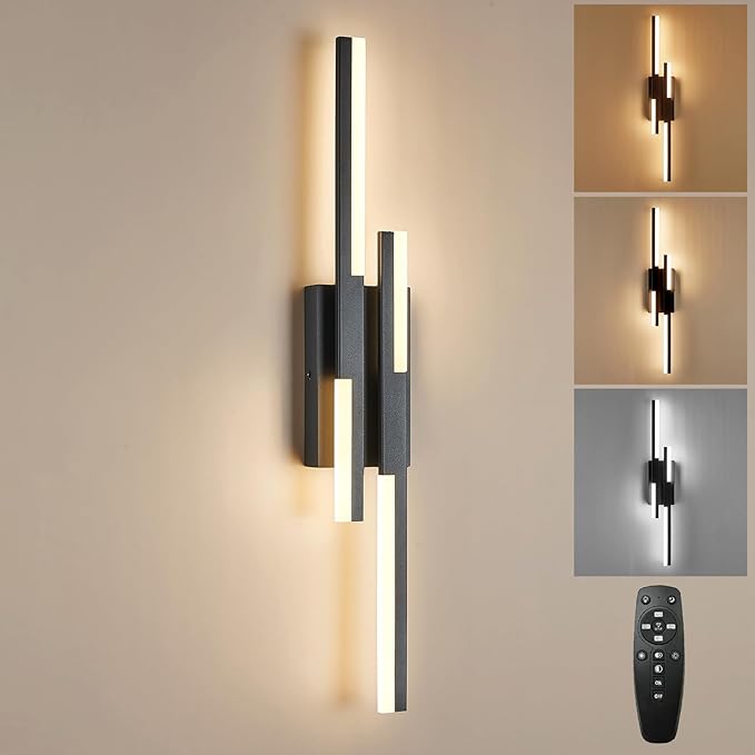 Benkut Modern LED Wall Sconce Black Remote Wall Light Fixtures for Bathroom, Dimmable Vanity Light Indoor LED Remote Wall Sconce for Bedside Bedroom Living Dining Room (27.6inch 3000-6500K 1 Pack)