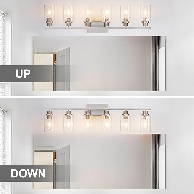 6 Light Bathroom Light Fixtures Brushed Nickel Vanity Light Over Mirror Modern Farmhouse Wall Lighting Sconces Wall Lamp for Bathroom, Bedroom, Living Room E26 Socket with Glass Shade