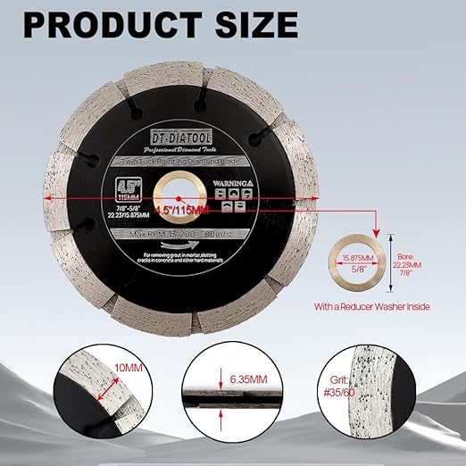 DT-DIATOOL Sandwich Tuck Point Blade - 4-1/2 Inch Mortar Raking Crack Chaser Dual Diamond Blade 7/8"-5/8" Arbor for Mortar Removal,Grout Concrete Asphalt Surfaces Repair,Masonry Brick Stone Cutting