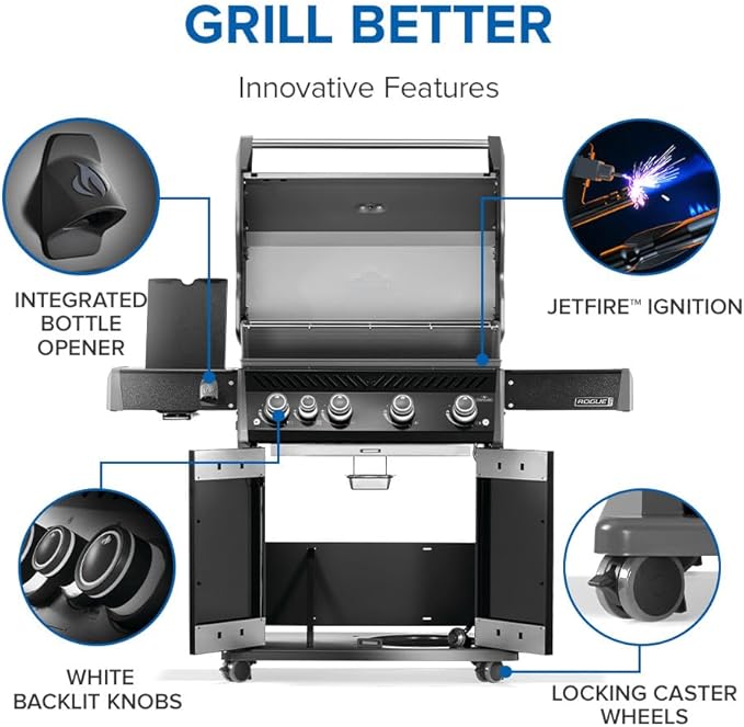 Napoleon Rogue PRO 525 Natural Gas Grill with Infrared Side Burner, Black, Durable 5-Burner Cooking Surface