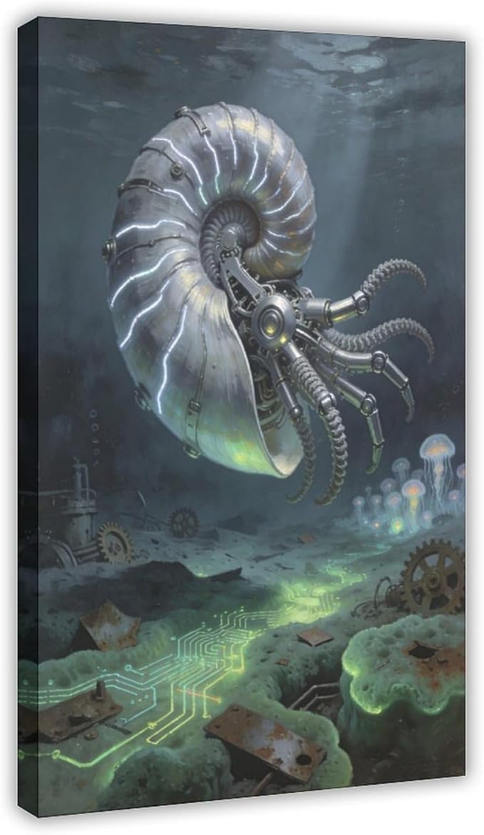 Framed Steampunk Mechanical Nautilus Wall Art - Underwater Industrial Poster for Man Cave Studio Decor 16x24inch(40x60cm)