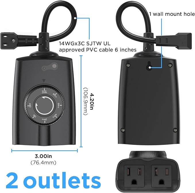 G-ELEK Outdoor Timer Outlet Waterproof, 24 Hour Outdoor Light Timer, Timers for Electrical Outlets, Ideal for Pool Pump, Christmas Lights, Heavy Duty, Grounded Outlets (Dusk to Dawn Sensor, 1 Pack)