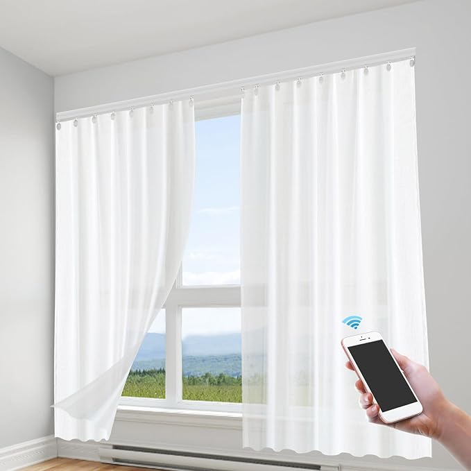 Smart Curtains System, Motorized Curtain Track 85-165.4 inch Adjustable Length, Motorized Rod with Remote Control, Ceiling and Wall Mount, Automated Curtain Track System (85-165.4in)