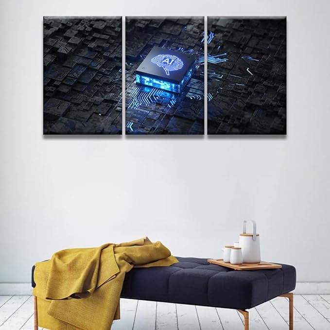 Modern Wall Art 3 Panel Printed AI Artificial Intelligence Concept Pictures Print On Canvas Wall Decor for Living Room, Wooden Framed Gallery-Wrapped Ready to Hang, 16x24inchx3