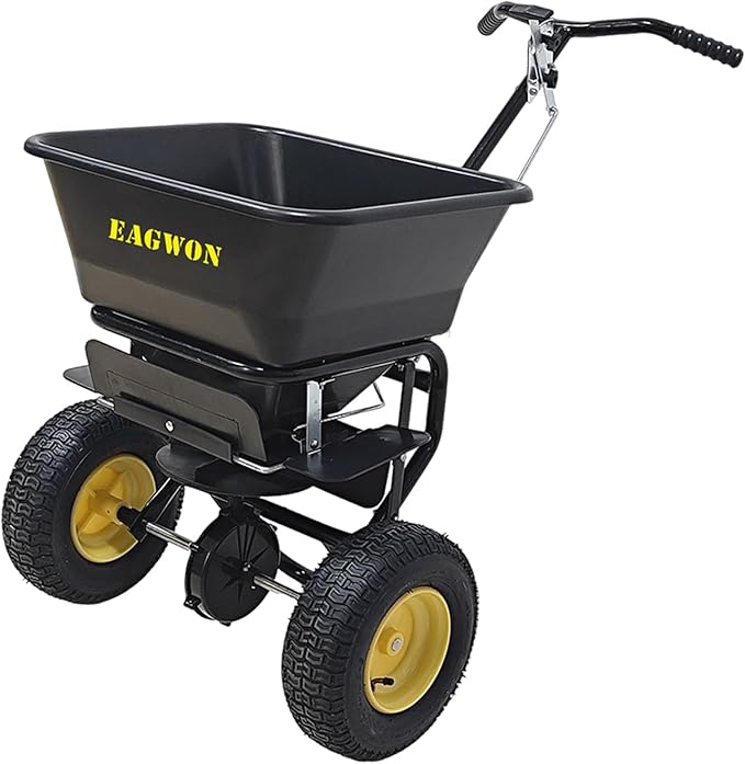 Walk-Behind Push Broadcast Spreader - Commercial All Season, 100lb Capacity, 13in All-Terrain Pneumatic Tires, Grate/Cover/Enclosed Gearbox Included, for Seed/Fertilizer/Salt/Snow Melt