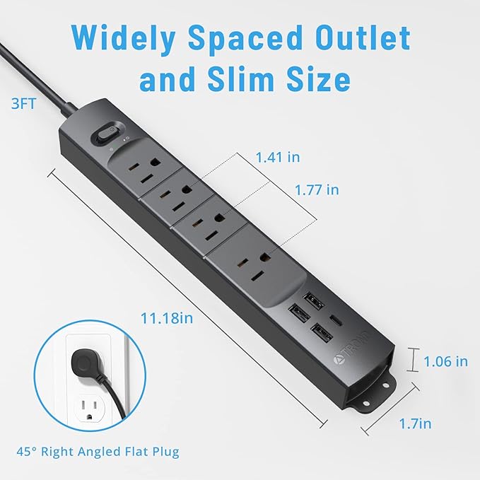 TROND Surge Protector Power Strip with USB, Ultra Thin Flat Plug 3ft Extension Cord 1625W, 3 USB A & 1 USB C, 4 AC Outlets 1440J Surge Protection, ETL Listed, Wall Mount for Home Office Dorm, Black