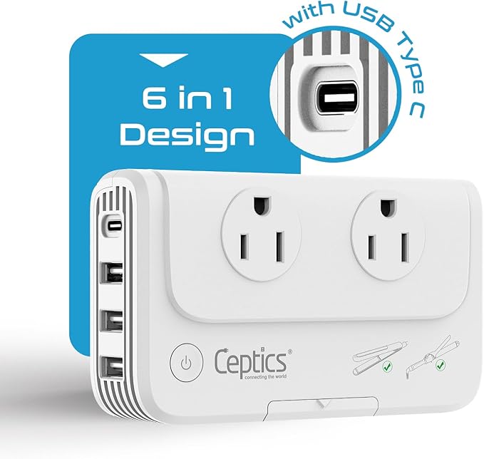 Ceptics European Travel Voltage Converter, 200W Adapter for Curling Iron, Straightener, Charger, Step Down World Power Plug - 4 USB PD 18W Fast Charging - SWadApt Compatible - Type C, E/F, G Included