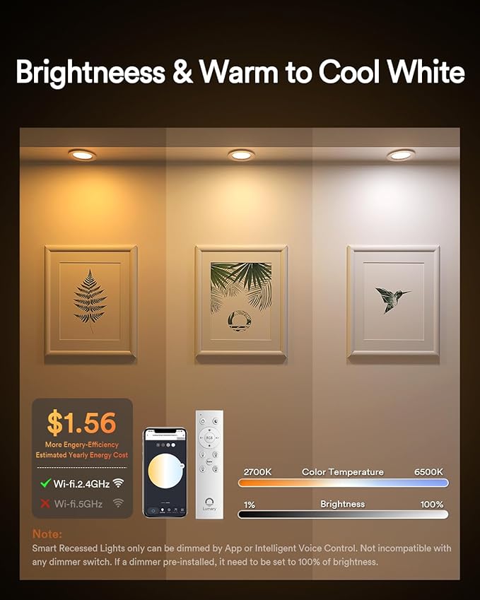 Lumary Smart Recessed Lighting 4 Inch, RGBWW Led Ceiling Downlight 9W, Canless with J-Box, Ultra-Thin & Anti-Glare Trim, Compatible with Alexa/Google/BT Remote(Not Included) 1PACK