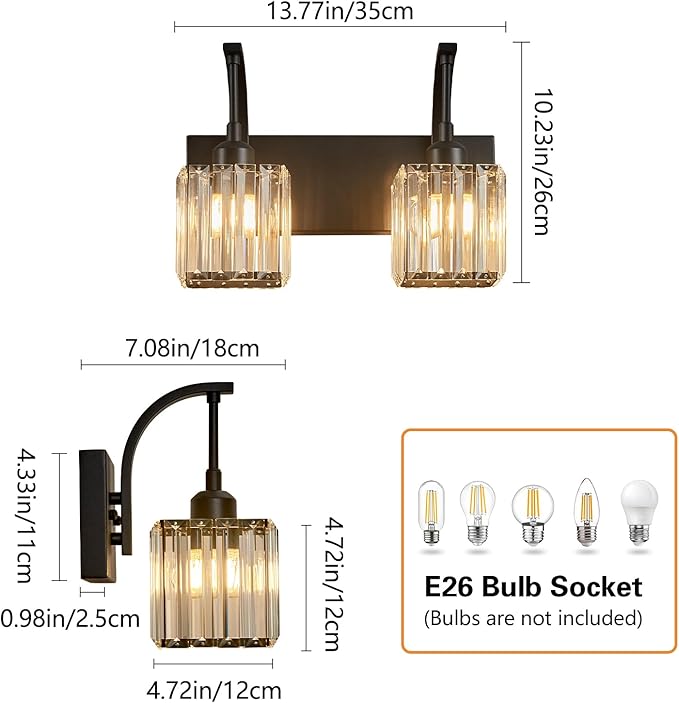 Crystal Vanity Lights 2-Light Black Wall Lamp Modern Crystal Bathroom Light Fixtures Over Mirror 13.77" Long Bathroom Wall Sconce