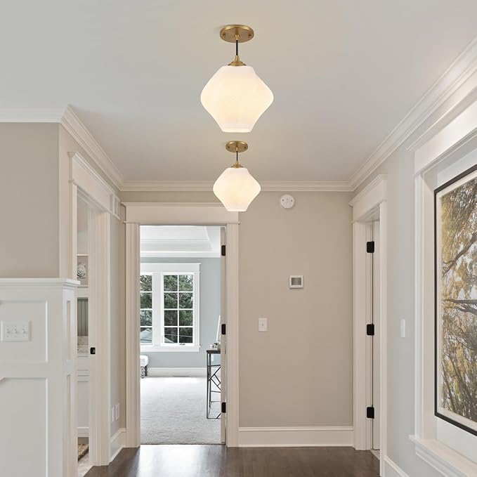 Milk White Glass Pendant Light, Mid Century Modern Ceiling Hanging Lights Fixture with Height Adjustable, Brass Gold Pendant Lighting for Kitchen Island, Hallway, Dining Room, Bedroom(2 Pack)