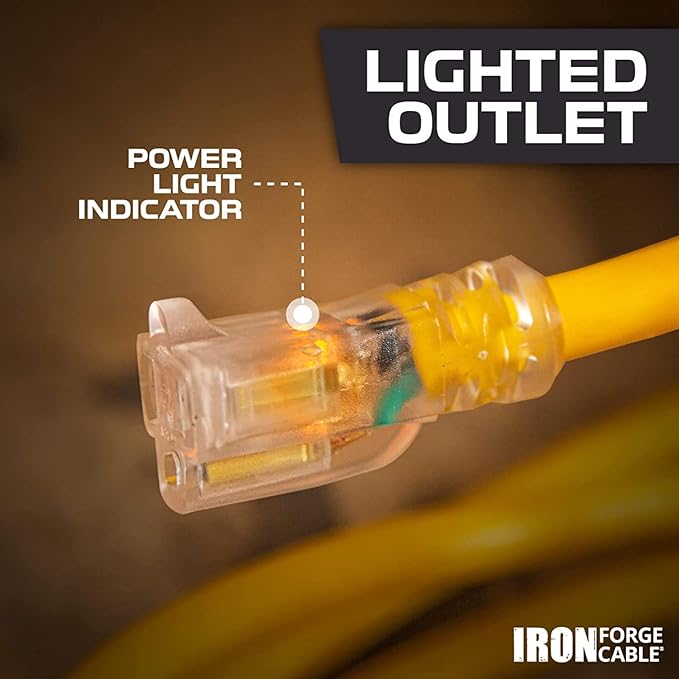 Iron Forge Cable Weatherproof 6 Ft Outdoor Extension Cord - 14/3 SJTW 15 Amp Heavy Duty Yellow Extension Cord 3 Prong - Lighted End