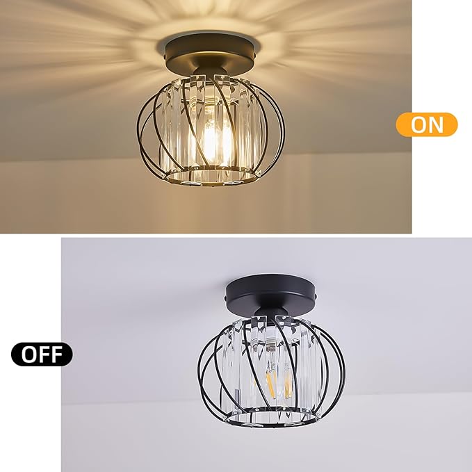 Semi Flush Mount Crystal Ceiling Light, Metal Cage Hallway Ceiling Lamps, Farmhouse Ceiling Light Fixture, Industrial Crystal Chandelier for Corridor Bathroom Kitchen (1, Black, 7.5 Inch)