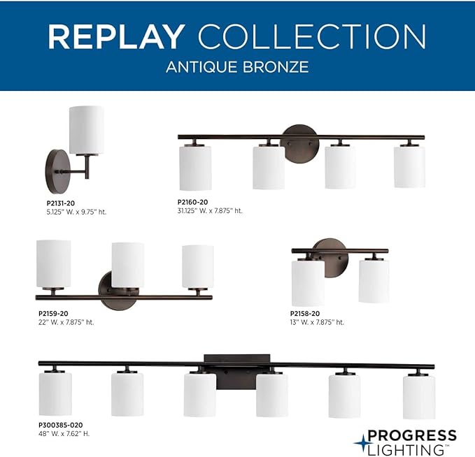 Progress Lighting Replay Collection 3 Light Bathroom Vanity Light, Modern Bath Lighting Fixture with Etched White Glass Shades for Over the Mirror, Reversible Mounting, Antique Bronze