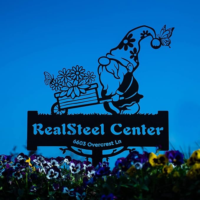 RealSteel Garden Gnome Monogram Yard Sign - Customizable Metal Sign with Gnome & Wheelbarrow Design - Personalized Name & Text (Black, 14" x 20")
