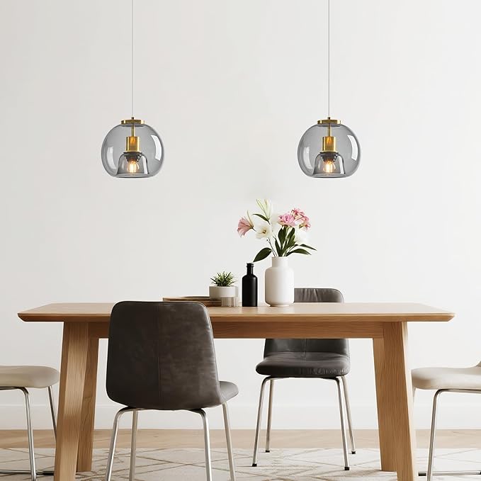 Light Grey Glass Pendant Lights Kitchen Island Gold Hanging Light Fixture Glass Globe Pendant Light Modern Pendant Lighting for Kitchen Island Bedroom Dining Room (7.87", 3 Pack)