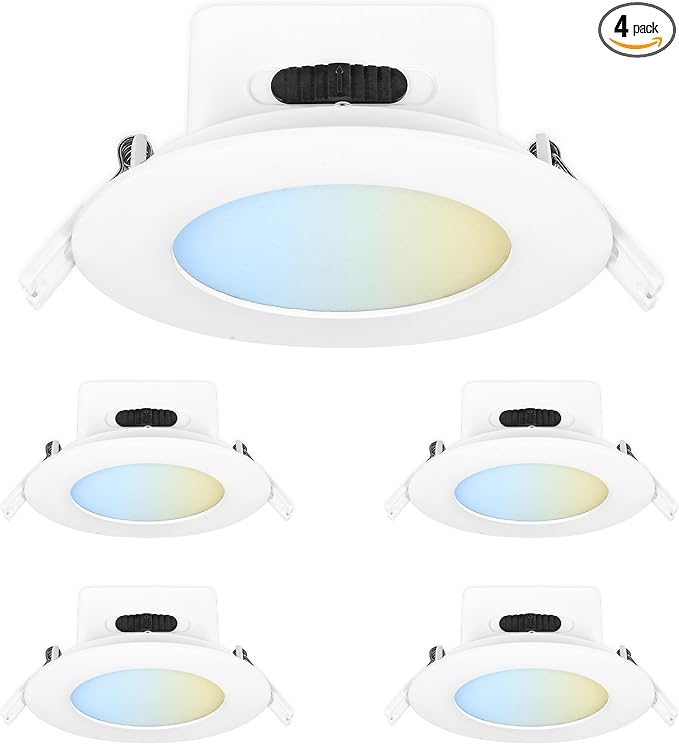 Feit Electric 4" LED Canless Recessed Downlight with Integrated J-Box, High Output, 75W Equivalent, Dimmable, 5CCT Selectable White, 90 CRI, 850 Lumens, 45-Year Lifetime, 4 Pack, LEDR4HOJBX/6WYCA/4