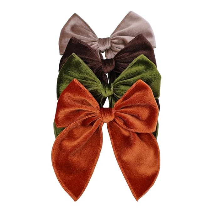 Pack of 4 Large Velvet Fable Bow Hair Clips for Kids Toddler Girl Mom Velvet Hair Bow Alligator Clips Baby Girls Women Hair Accessories (Rust/Brown)