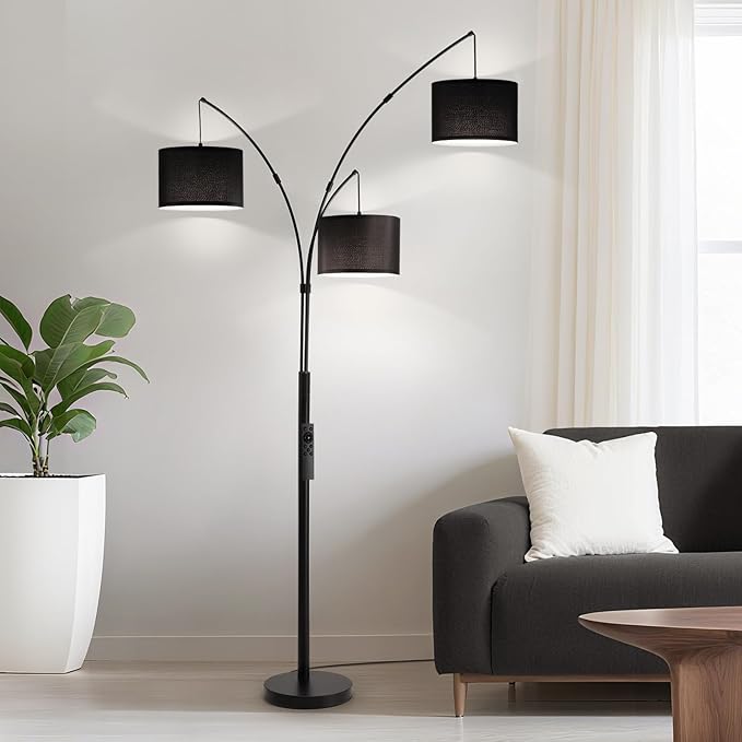 Floor lamp with Remote, 3 Light Arc Floor Lamps for Living Room, 2400LM Tall Standing Floor Lamps with Black Shades, 80" Large Floor Lamp for Bedroom, Office