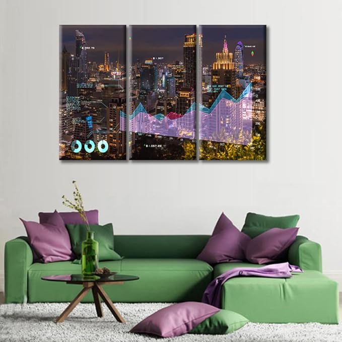 Stock Exchange Market and Investment Finance Stock Graph Chart Price City Building Background Pictures Office Decor Posters and Prints 3 Pieces Modern Home Decor Framed Ready to Hang (42"Wx28"H)