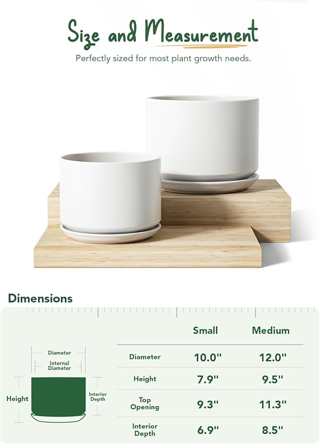 LE TAUCI Ceramic Pots for Plants, Set of 2, 10 + 12 Inch Plant Pot, Durable & Stylish Planters for Indoor Plants with Drainage Hole and Saucer, Elevate Your Home’s Aesthetic, White