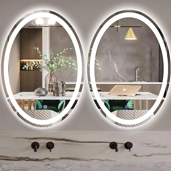 28 x 36 Inch Oval LED Vanity Mirror with Lights 3 Color Dimmable Memory Front Back Light 36 Oval Lighted Mirror for Bathroom Makeup Salon Wall Mount AntiFog 36in Ovals Smart Light up Mirrors