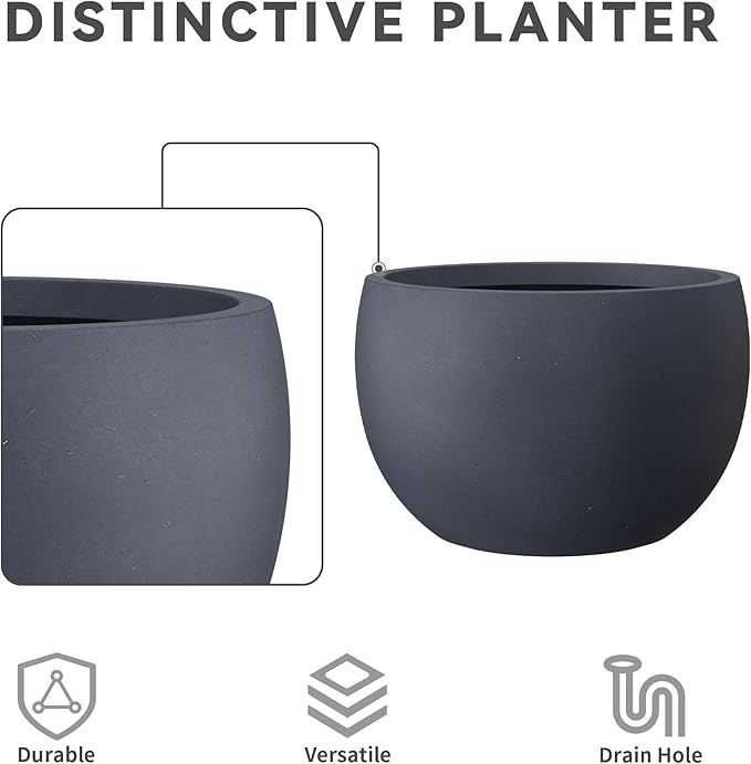 Kante 19.9",15.7",11.8" Dia Round Concrete Planter Set of 3, Outdoor/Indoor Large Bowl Plant Pots with Drainage Hole and Rubber Plug for Garden Patio Balcony Home, Dark Gray