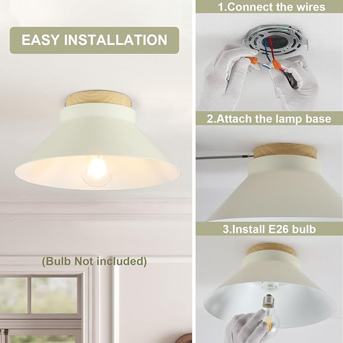 2 Pack Modern Flush Mount Ceiling Light, 11.8'' Cream White Metal Ceiling Light Fixtures with Natural Wood Accent, Farmhouse Semi Flush Mount Light Fixtures for Kitchen, Hallway, Entryway, Bedrooms