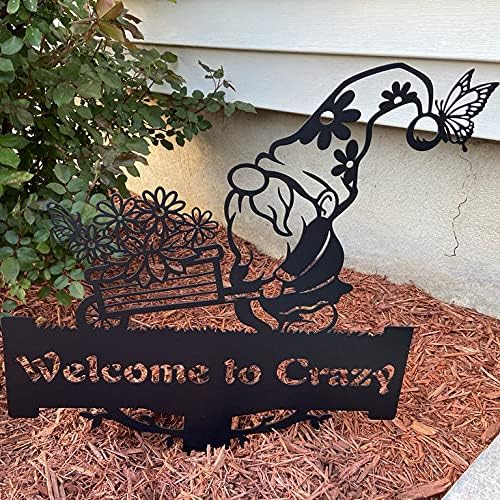 RealSteel Garden Gnome Monogram Yard Sign - Customizable Metal Sign with Gnome & Wheelbarrow Design - Personalized Name & Text (Gold, 14" x 20")