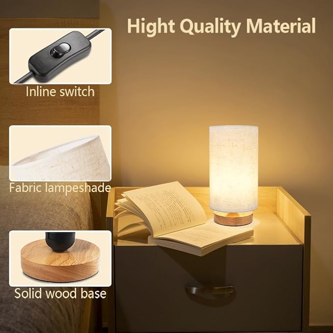 3-Color Adjustable Bedside Table Lamp for Bedroom Set of 2,Minimalist Wood Base&Round Fabric Shade,Cozy Lighting Nightstand Boho Lamp,Reading Desk Night Stand Light for Room,Office,kitchen,Nursery