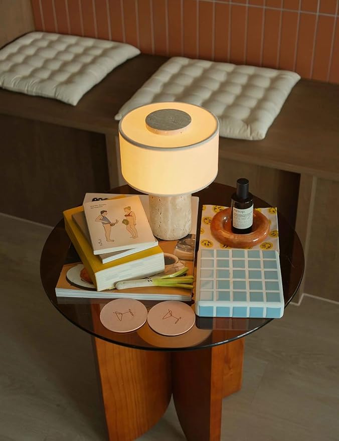 Stone Lamp, Natural Travertine Table Lamp 10 Inch Marble Wabi Sabi Light Fixture Organic Modern Home Decor Warm to Cool White Light for Bedside, Console, Entryway, Counter...(Plug-in Travertine Lamp)