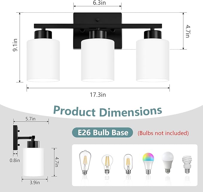 Black Bathroom Light Fixtures, 3-Light Modern Vanity Lights with Milky White Frosted Glass Shades, Wall Sconces for Mirror, Bathroom, Restroom (E26 Socket)