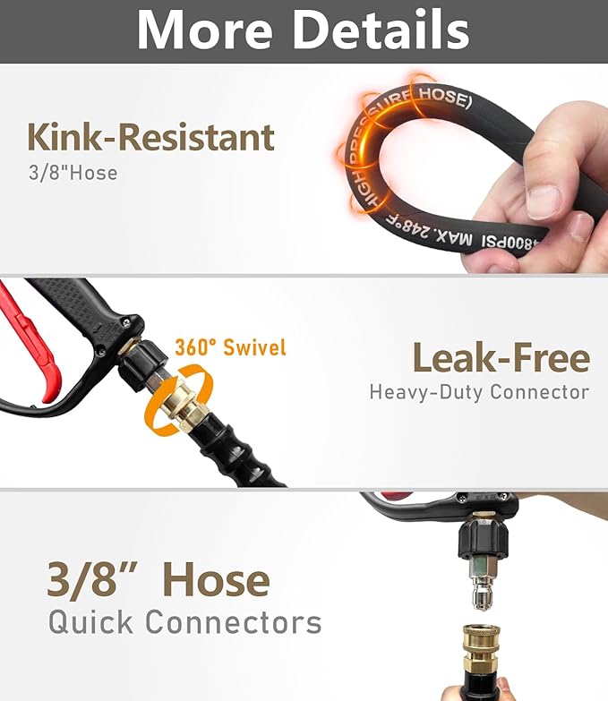 3/8" Pressure Washer Hose 150FT 4800 PSI, Kink Resistant Steel Braided Layer & NonMarking Rubber for Hot/Cold Water, High Power Washer Hose With 3/8 Inch Quick Connect & M22 Fitting, Black