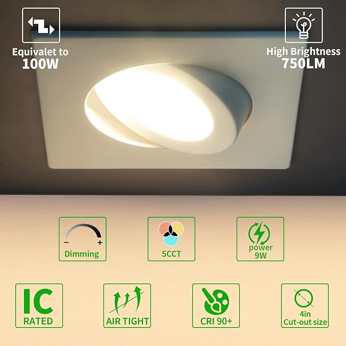KnLnny Ware Square Gimbal Recessed Lighting 4 Inch 6 Pack,Eyeball Led Lights with Junction Box,5CCT Selectable,9W 750LM,Dimmable