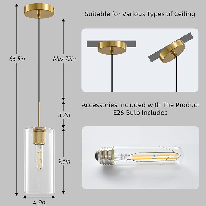 Modern Gold Glass Pendant Light: Cylinder Clear Glass Pendant Light over Kitchen Island Set of 2 - Simple Brass Hanging Lights with Short Tube - Height Adjustable Pendants Lighting Fixture for Bedroom