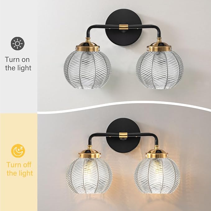 2 Light Bathroom Vanity Light Clear Glass Globe Wall Sconce Lights Black Wall Mount Light with Ribbed Glass Shade, Mid Century Modern Wall Sconce for Over Mirror Bedroom Hallway