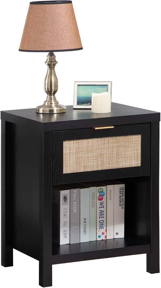 SICOTAS Rattan Nightstand, Farmhouse Night Stands with Drawer, Boho End Side Table for Bedroom, Small Space, Black Oak