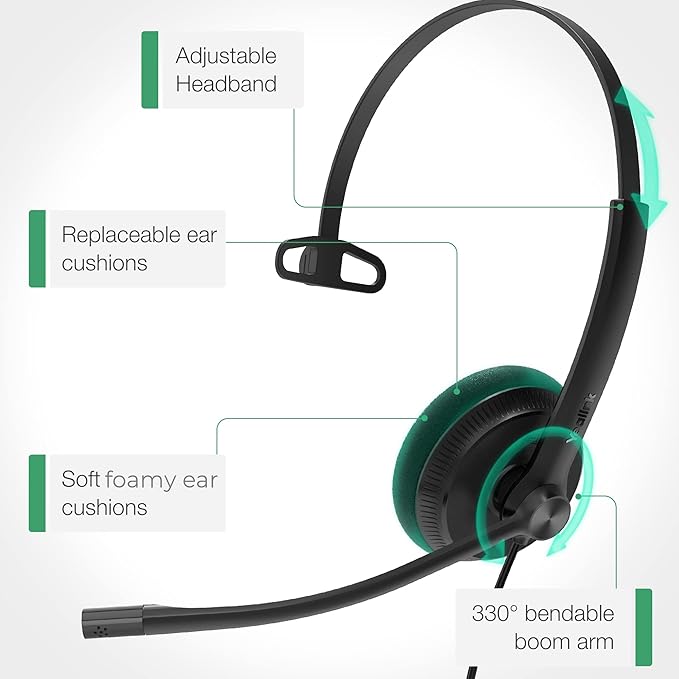 Yealink UH34 USB Headset with Mic, Single Ear Wired Headphones with Noise Cancelling Microphones, Professional Work Headphones VoIP Phone Computer Call Center Office,Ultra Light Mono