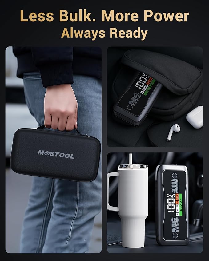 MOSTOOL M6 4000A Jump Starter with Smart HD Display, 12V Portable Jump Box & Car Battery Booster Pack with Quick Charge DC/Type C Port, Jumper Clamps LED Light - for All Gas & Up to 10.0L Diesel