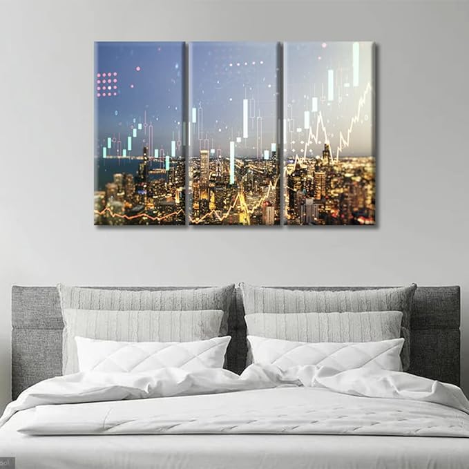 TUMOVO Abstract Virtual Financial Graph Hologram Pictures Wall Decor 3 Panels Chicago Cityscape Background Financial and Trading Concept Paintings Posters and Prints Framed Ready to Hang (36" Wx24 H)