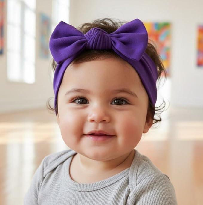 Baby Girl Headbands 0–6 Months – Newborn Infant Soft Cotton Handmade Bow Headband, Stretchy No Mark Baby Hair Accessories (Purple, 0-6 Month)