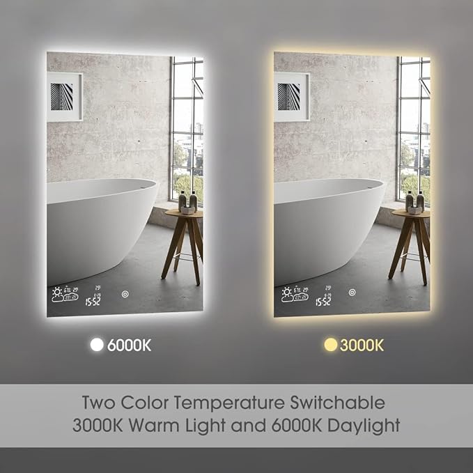 BYECOLD Smart Bathroom Mirror with Bluetooth Wi-Fi Enabled Weather Display, 32”X 40” Fog Free, LED Light Vanity Mirror Backlit Frameless Lighted Touch Sensor Makeup for Wall - Vertically Only